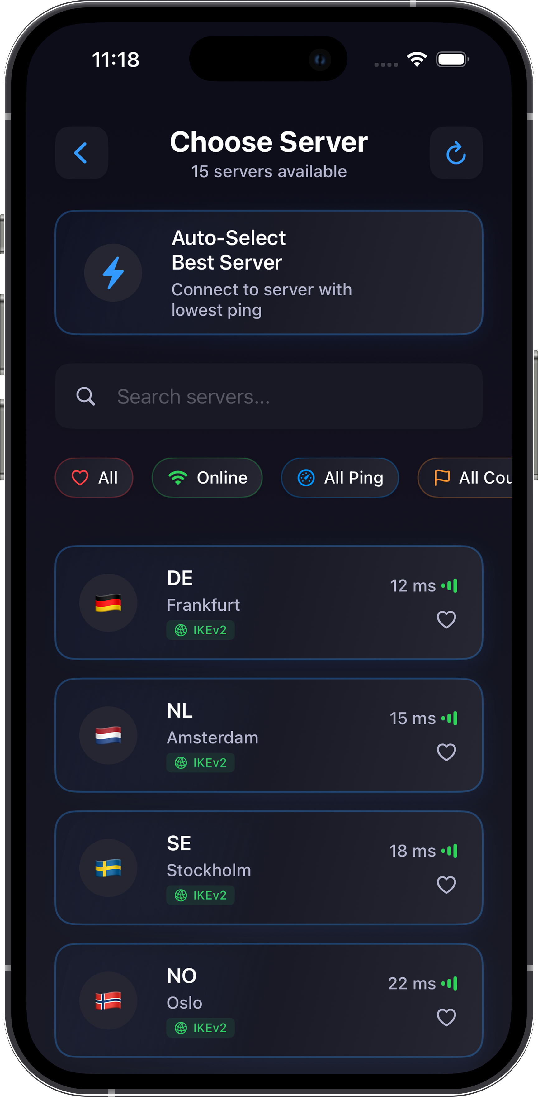 Unreal VPN - Choose Server screen