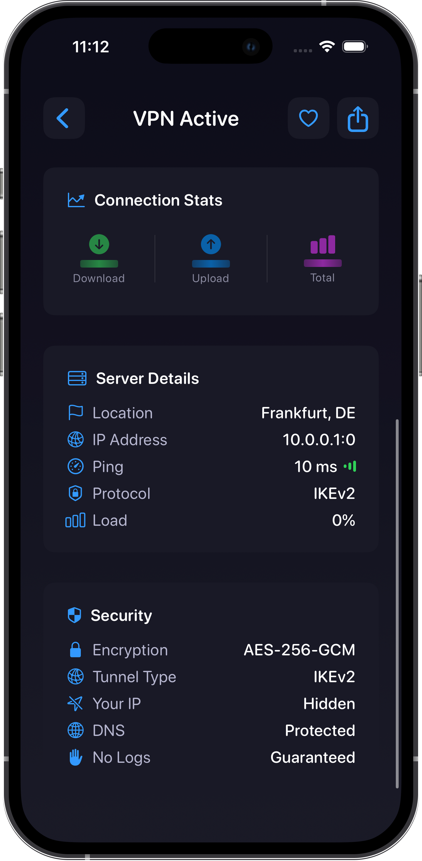 Unreal VPN - VPN Active screen